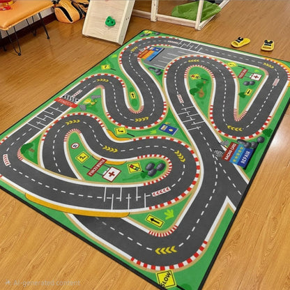 Kids Car Track Play Mat – 100×150 cm Soft Racing Road Rug