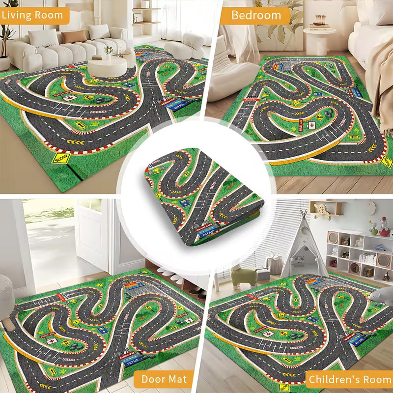 Kids Car Track Play Mat – 100×150 cm Soft Racing Road Rug